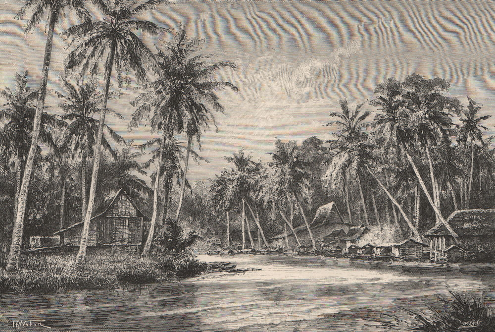View on the river Amandit, Dutch Burneo. Kalimantan, Indonesia 1885 old print